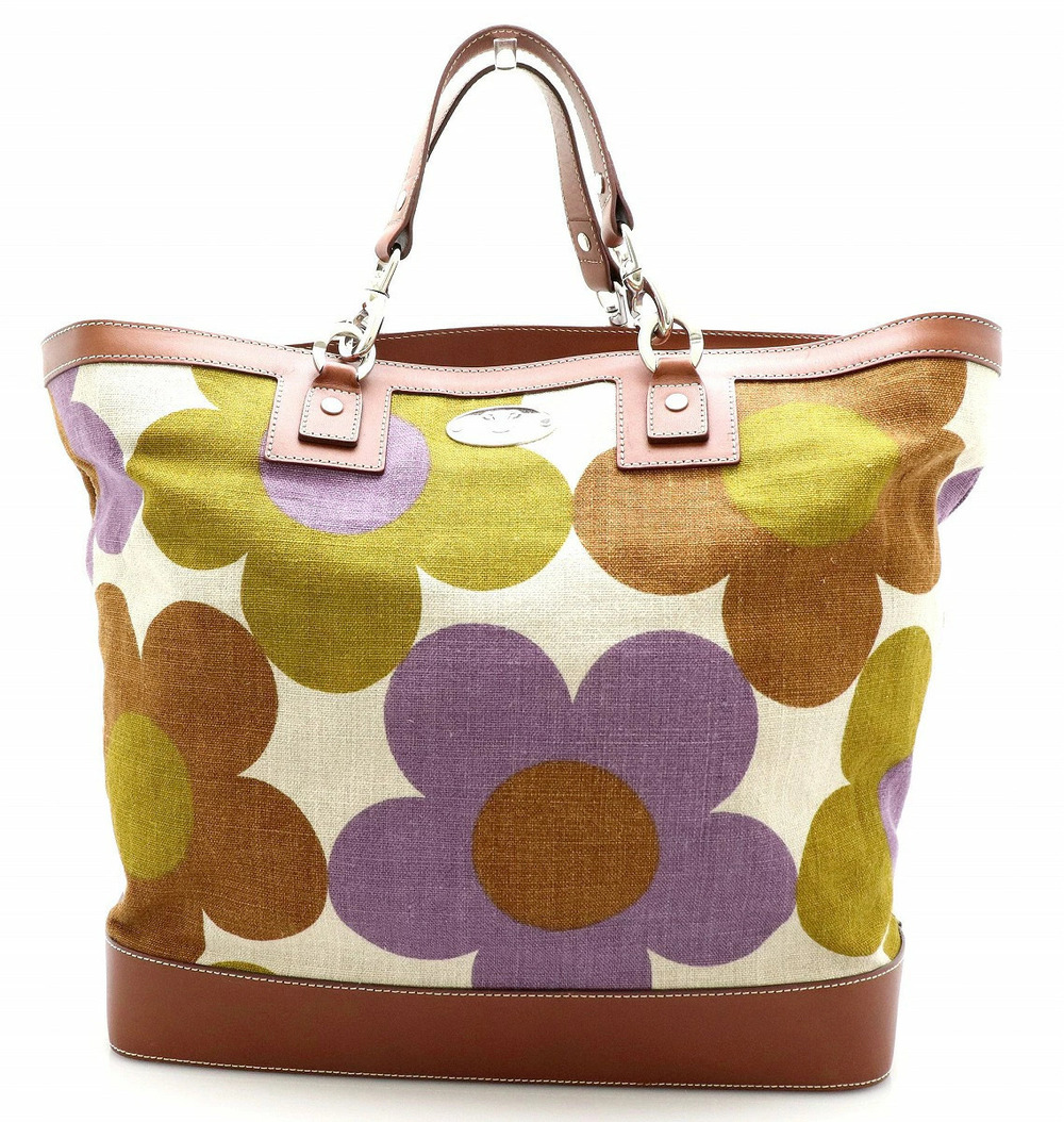 Celine Flower Tote Bag Shoulder Canvas Leather Brown Multicolor